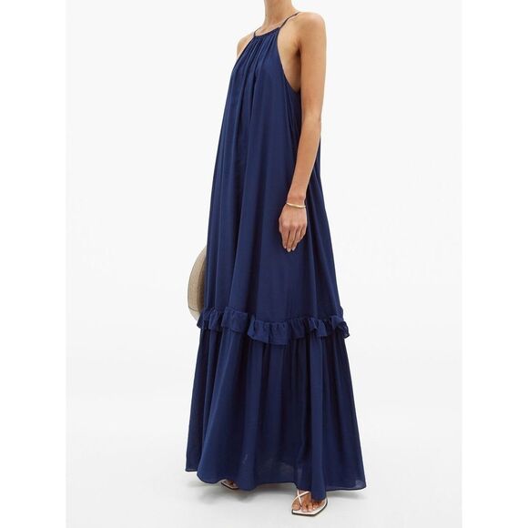 STAUD navy XS Ina Tiered Halterneck Muslin Maxi Dress - Picture 1 of 9